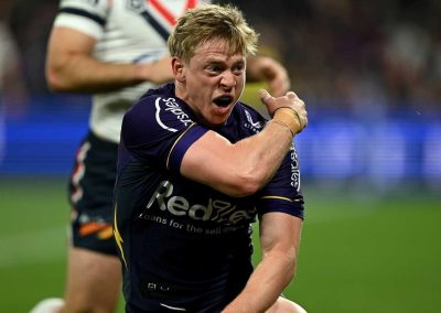 Tyran Wishart Melb Storm after try 2023